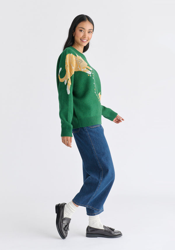 Christmas Jumper With Cat And Fairylights in Green Side